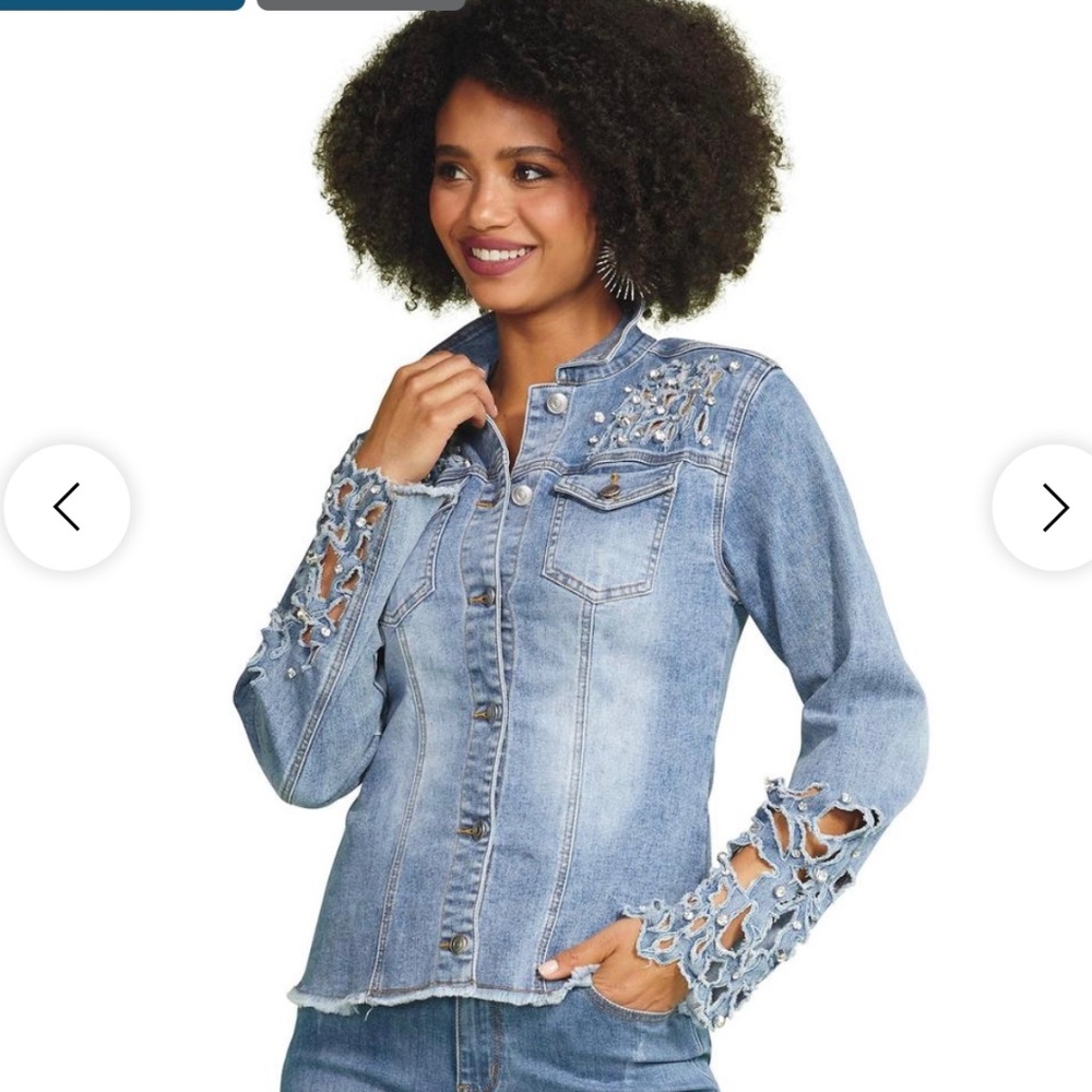 Masseys Modern Denim Jacket with Beautiful Laser Cutout Rhinestone Mix - Picture 1 of 6